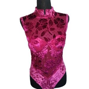 Victoria's Secret Gold Label Velvet Bodysuit S Vintage Y2K Pink Burnout Sheer‎